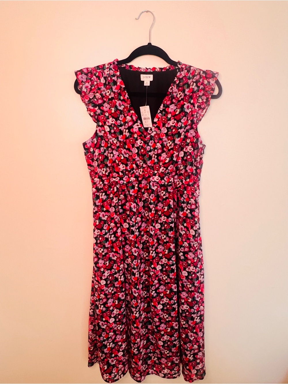 J. Crew Black Floral V-Neck Midi Dress with Ruffled Sleeves